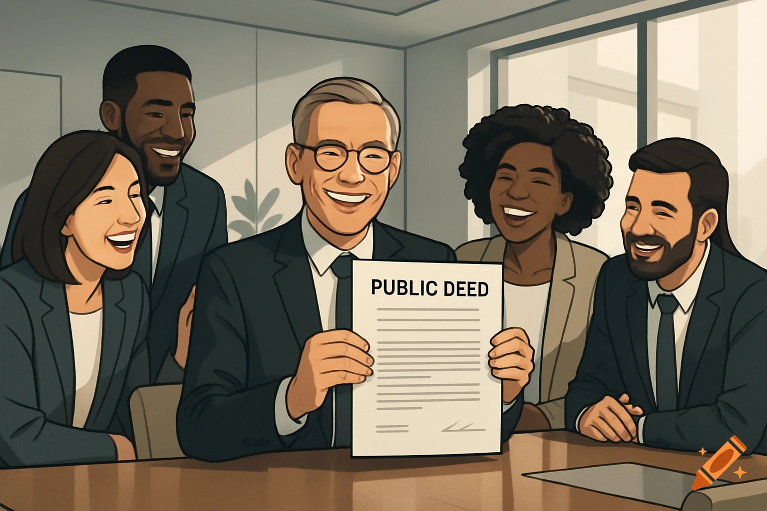 Diverse business people smiling in an office, one man holding up a 'PUBLIC DEED' document. Illustration style.