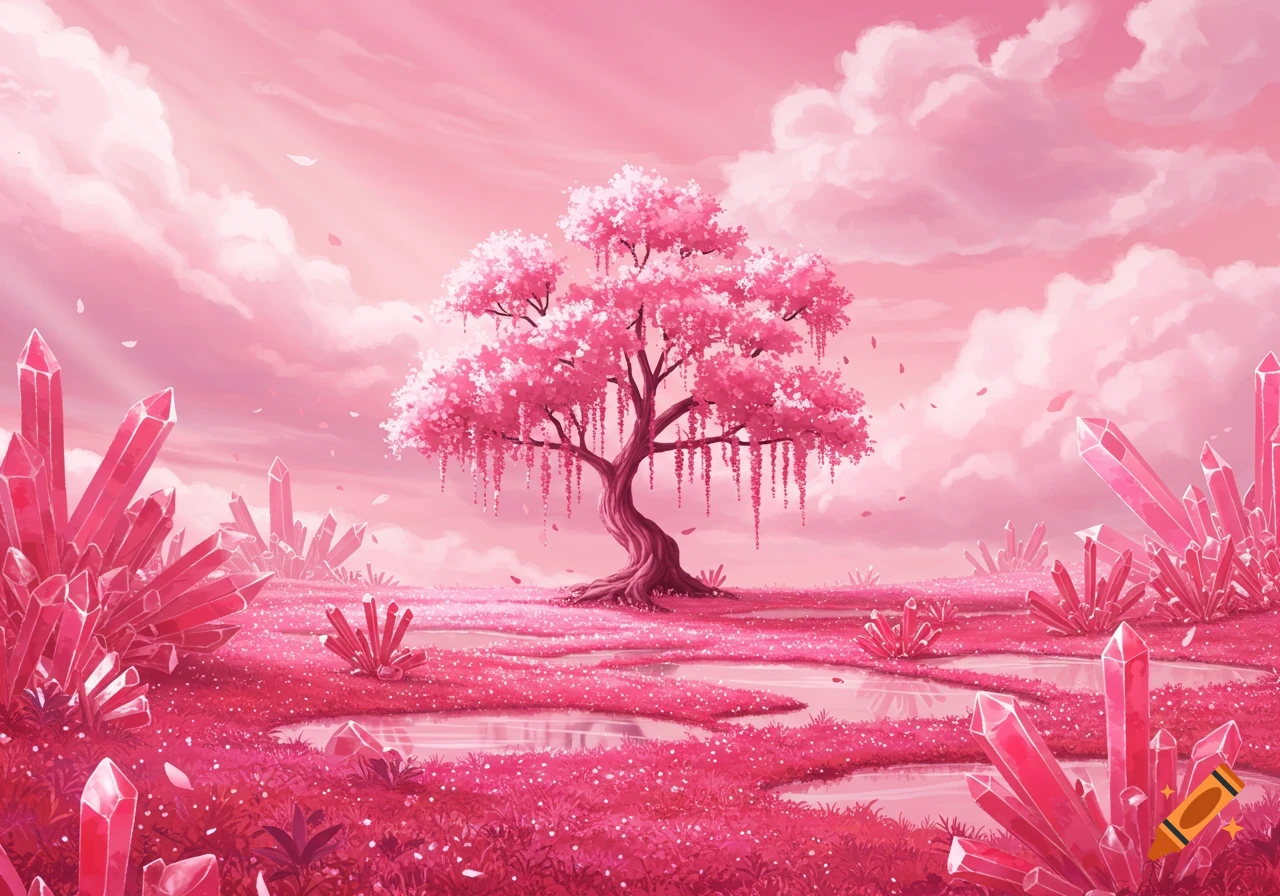 A vibrant pink fantasy landscape featuring a lush cherry blossom tree, glowing crystals, and shimmering pools under a cloudy sky.
