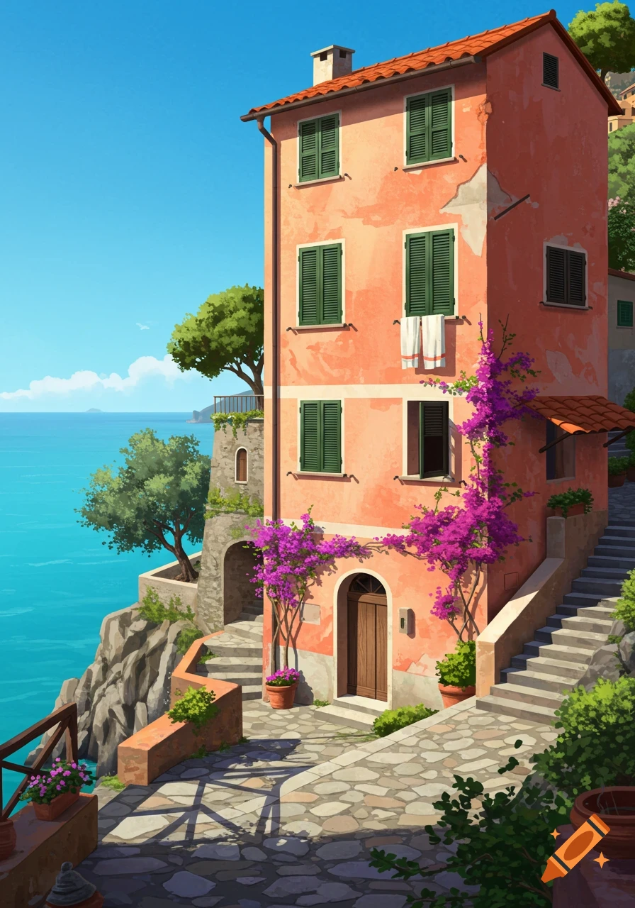 Stylized illustration of a peach-colored house with green shutters and purple bougainvillea on a rocky Mediterranean coast.