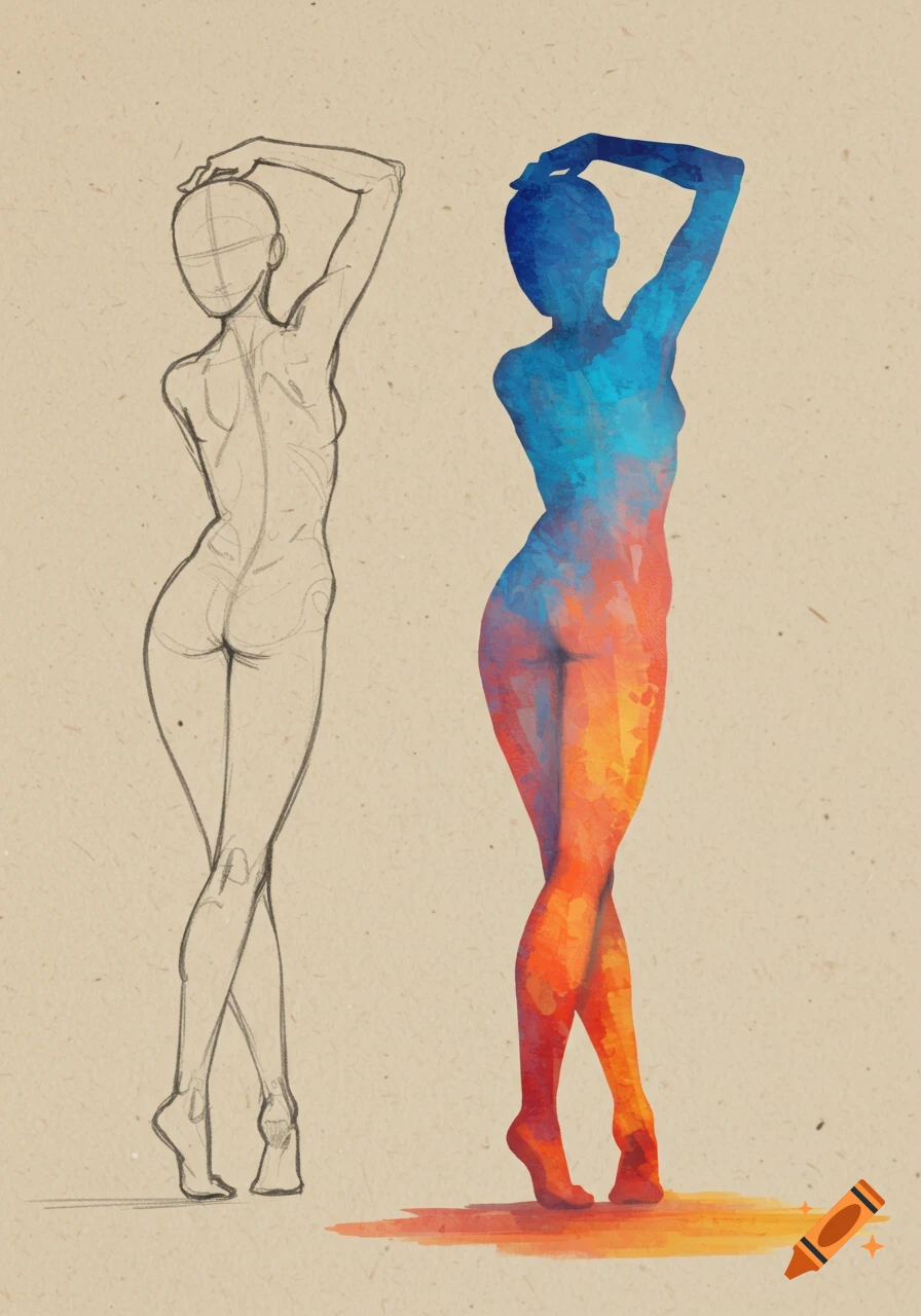 A figure drawing study showing a detailed pencil sketch of a female form next to a vibrant watercolor silhouette in blue and orange.