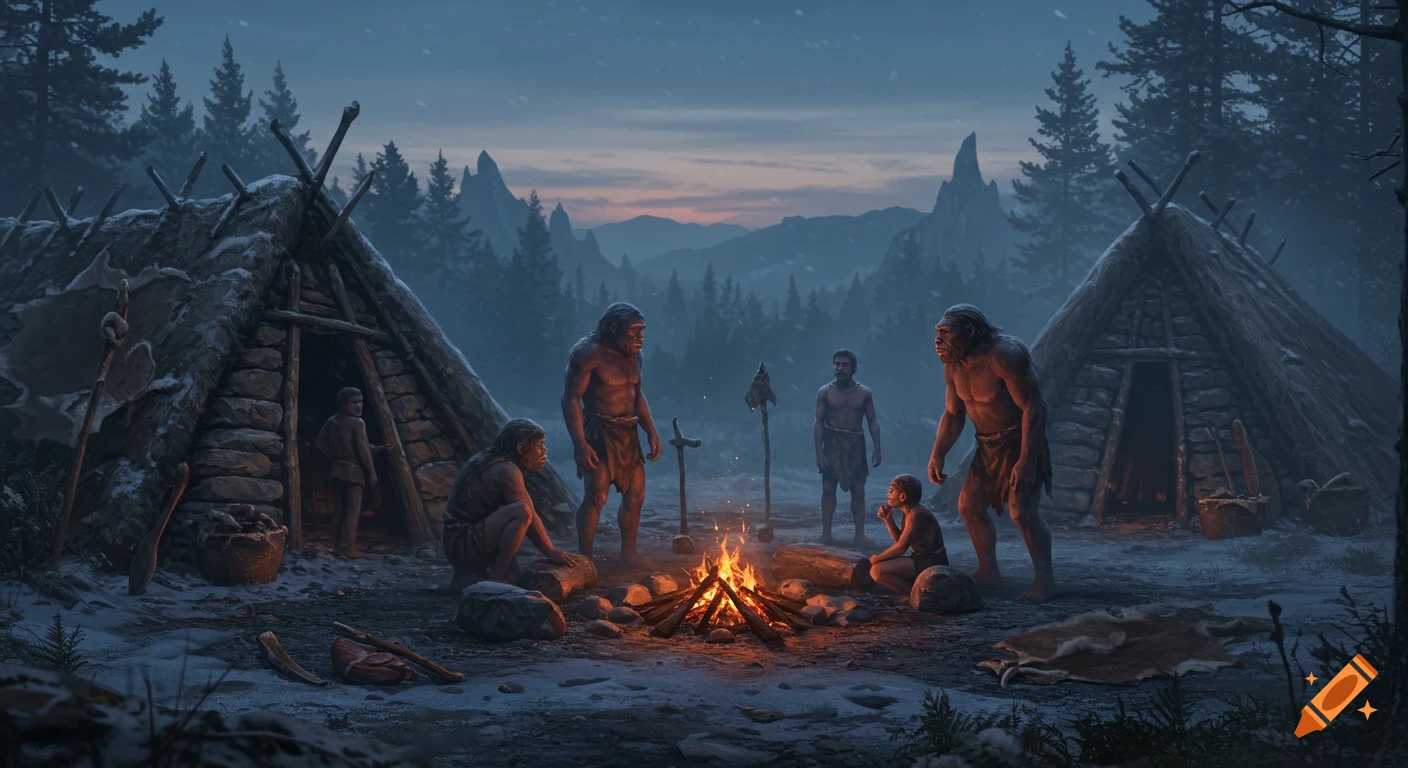 Neanderthals and Homo sapiens meet around a campfire in a snowy, ancient forest at twilight, with stone shelters.