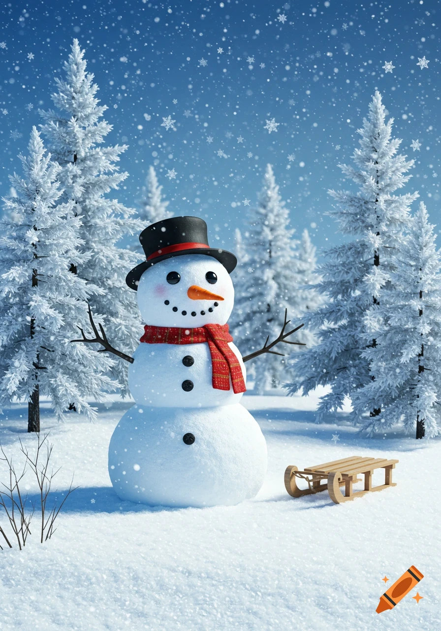 A cheerful snowman with a top hat and red scarf stands in a snowy forest with falling snowflakes and a small wooden sled.