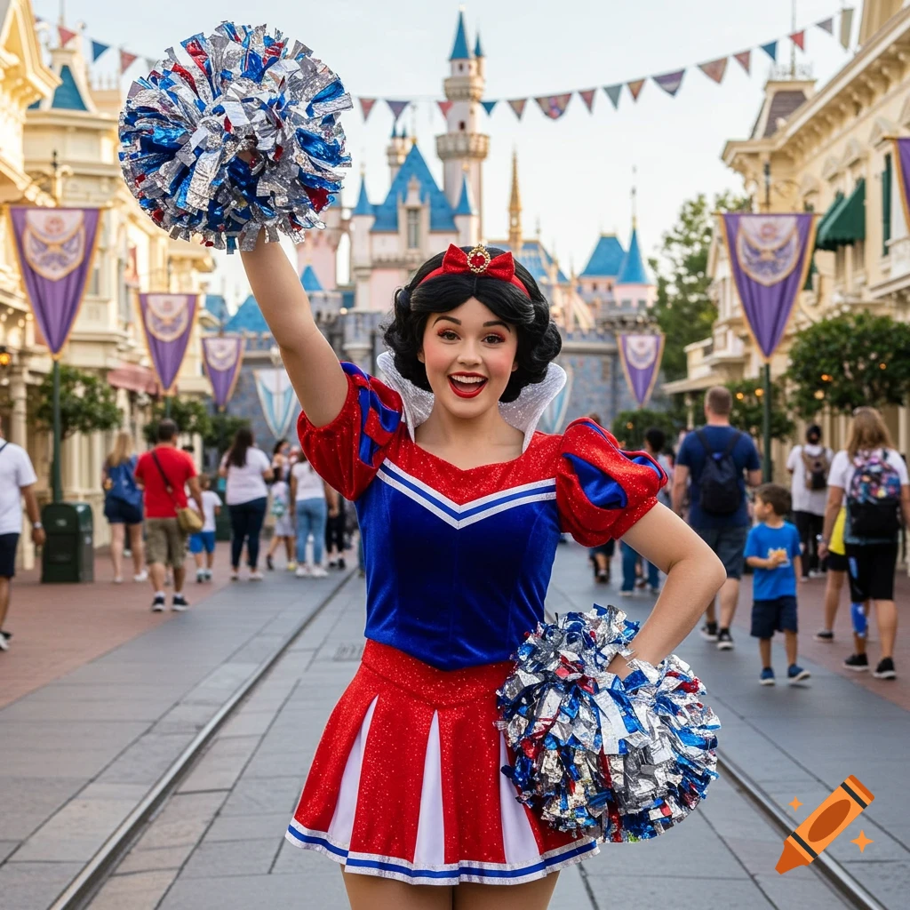 Snow White dressed as a cheerleader smiles while holding pom-poms at Disneyland with the castle in the background.