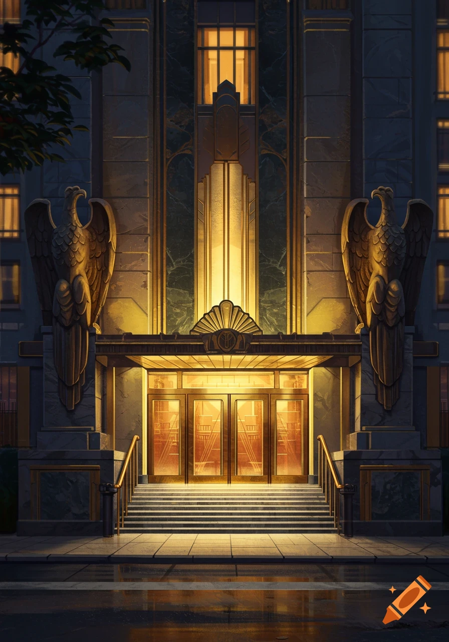 An illuminated Art Deco building entrance flanked by golden eagle statues at night, with steps leading to gold doors.