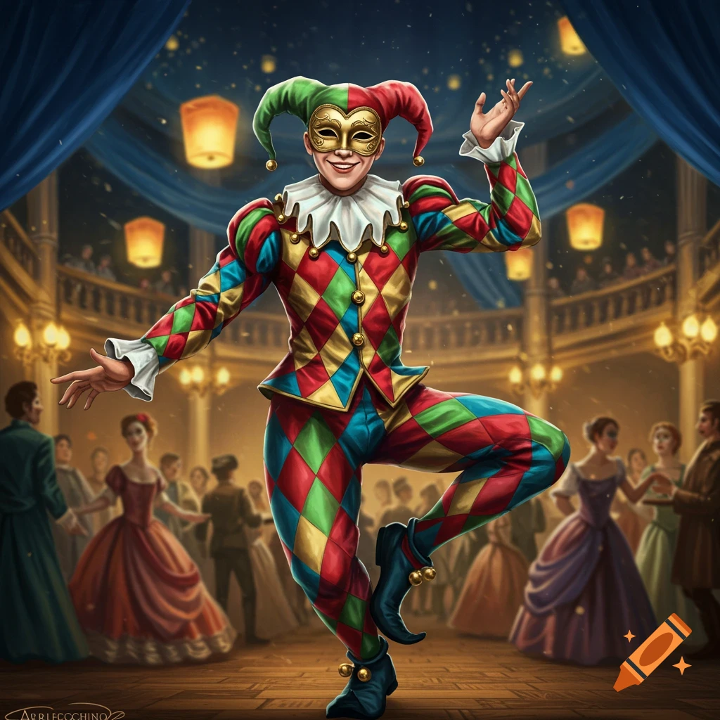 A colorful harlequin jester in a diamond-patterned suit and golden mask dances at a masquerade ball with other guests and hanging lanterns.