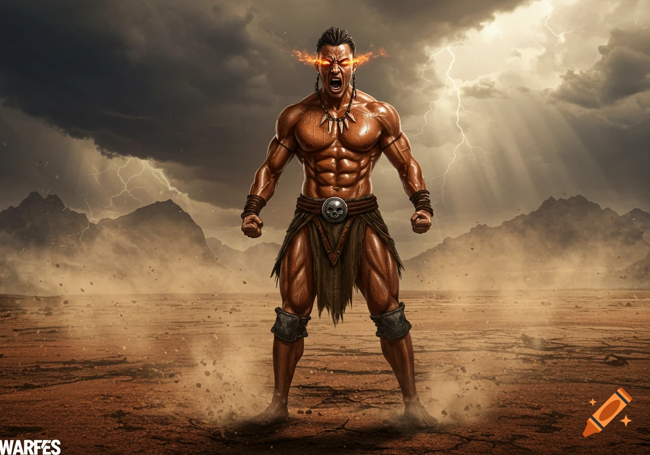 Muscular warrior with fiery eyes yelling in a stormy desert landscape ...