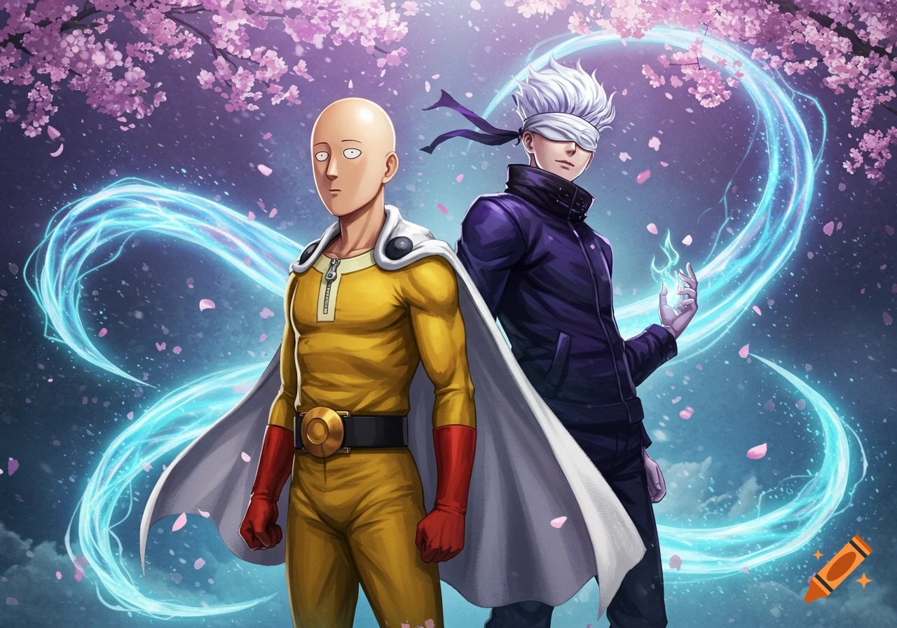 Saitama from One-Punch Man and Gojo Satoru from Jujutsu Kaisen stand together, surrounded by cherry blossoms and blue energy.