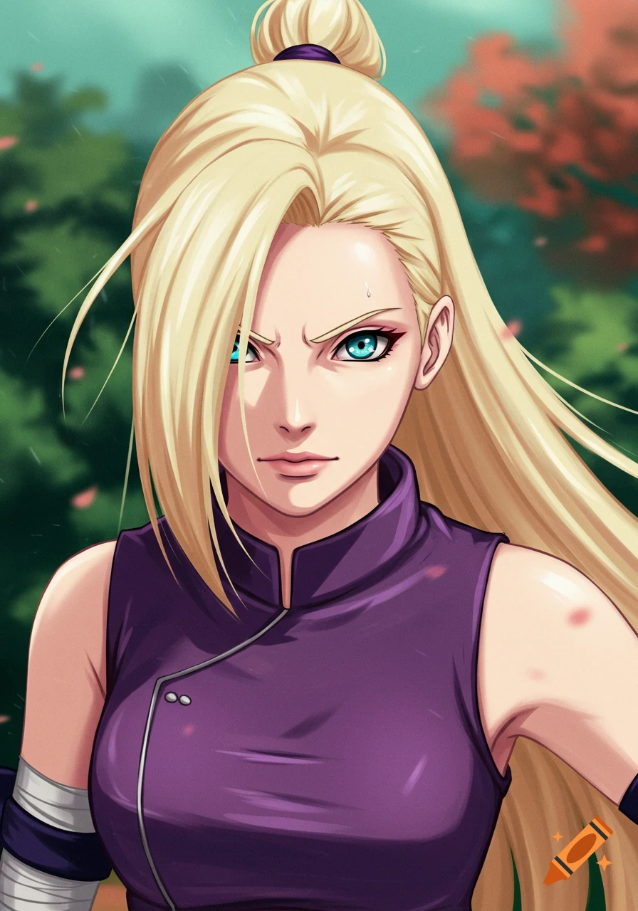 Close-up anime portrait of Ino Yamanaka with long blonde hair, blue eyes, and a determined expression, wearing a purple top.
