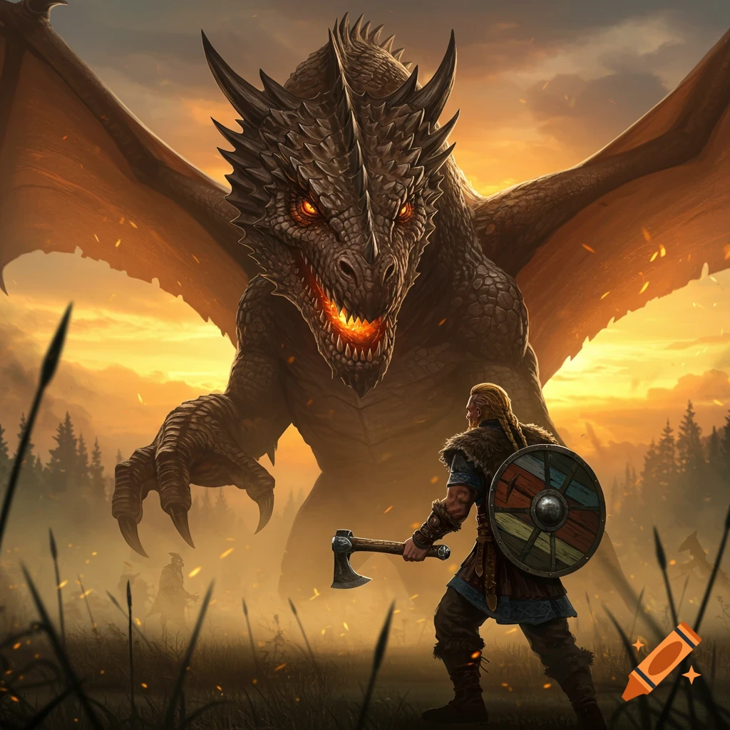A Viking warrior with an axe and shield confronts a massive, roaring dragon at sunset in a misty field.