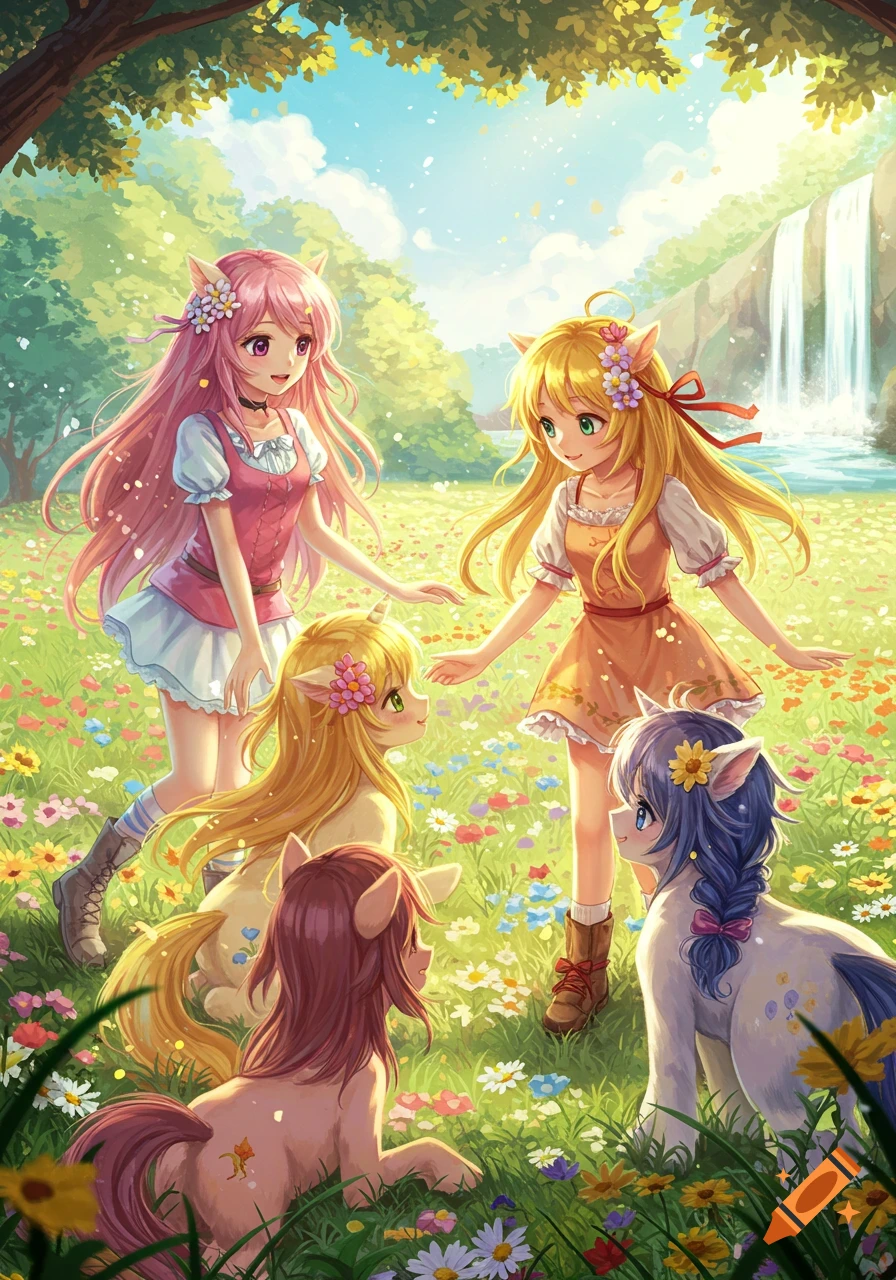 Five colorful anime pony girls with human-like features and long hair in a sunny, flower-filled meadow with a waterfall in the background.