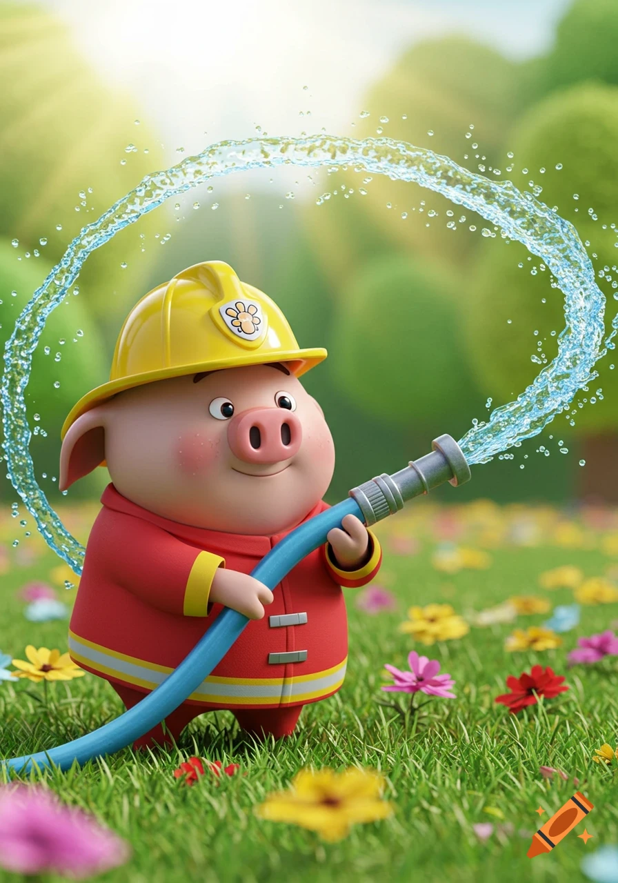 A cute cartoon pig dressed as a firefighter holds a blue hose, spraying an arc of water in a vibrant green field with colorful flowers.