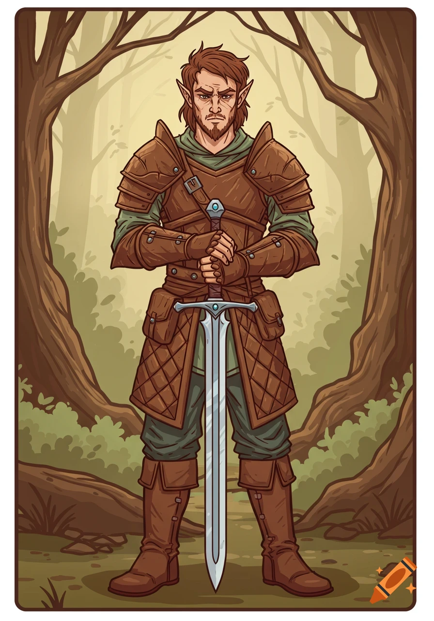 A tough male elf warrior with brown hair and a beard, wearing leather armor and holding a sword, stands in a stylized forest. Vector clipart.