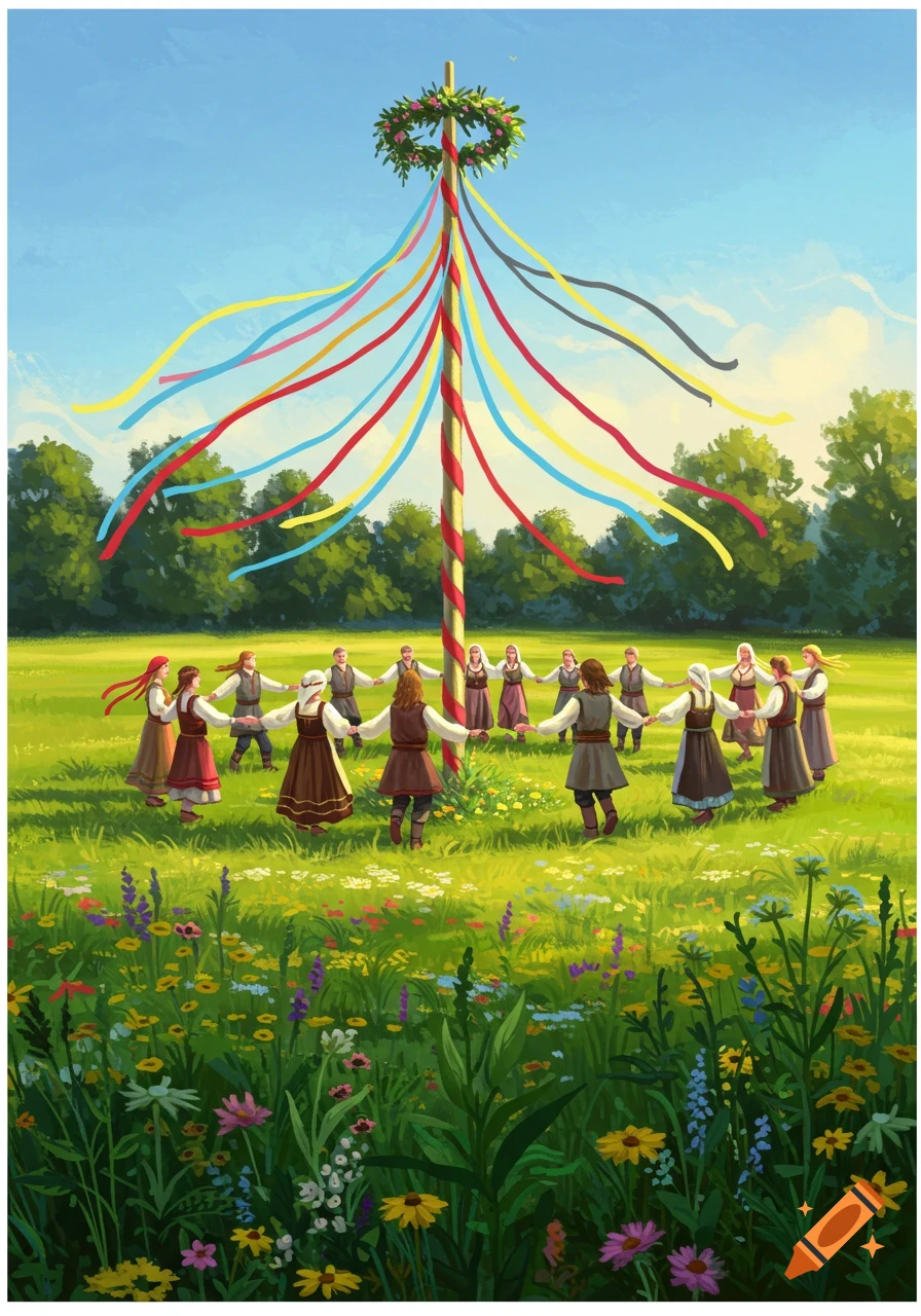 People in traditional clothing dance in a circle around a colorful Maypole in a sunny, flower-filled meadow.