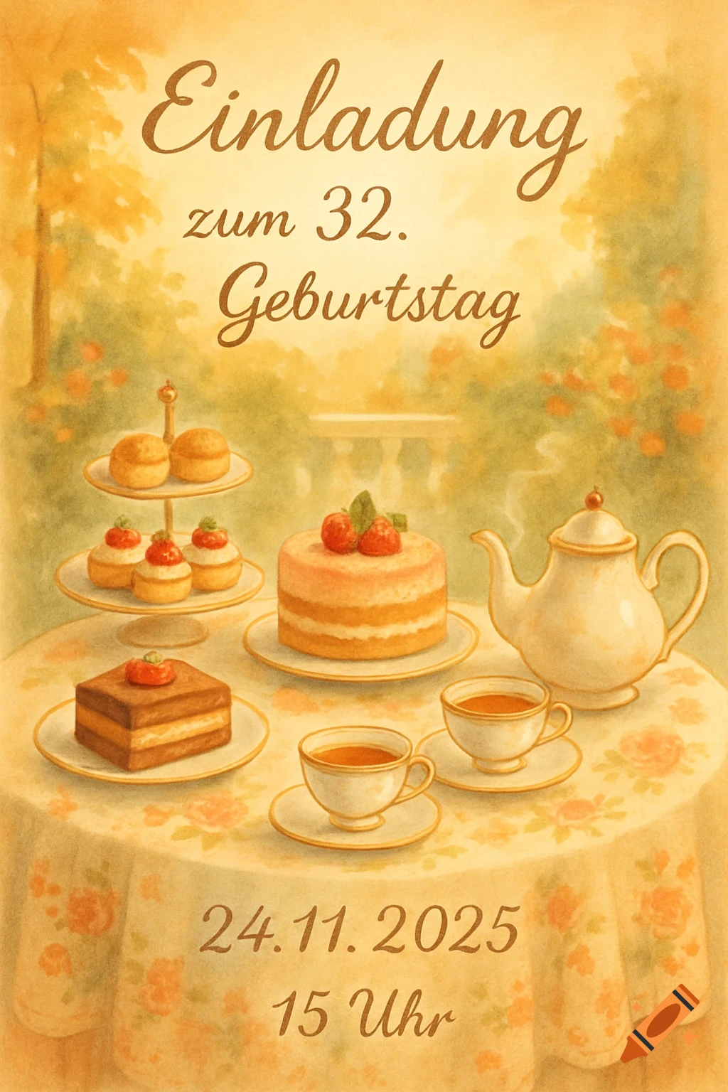 Watercolor invitation for a 32nd birthday tea party with cakes, pastries, teapot, and teacups on a floral tablecloth in a garden setting.