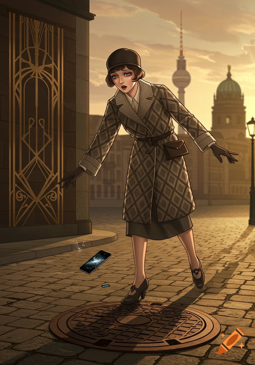 Art Deco illustration of a sad woman in Berlin dropping her smartphone on a cobblestone street near a manhole.