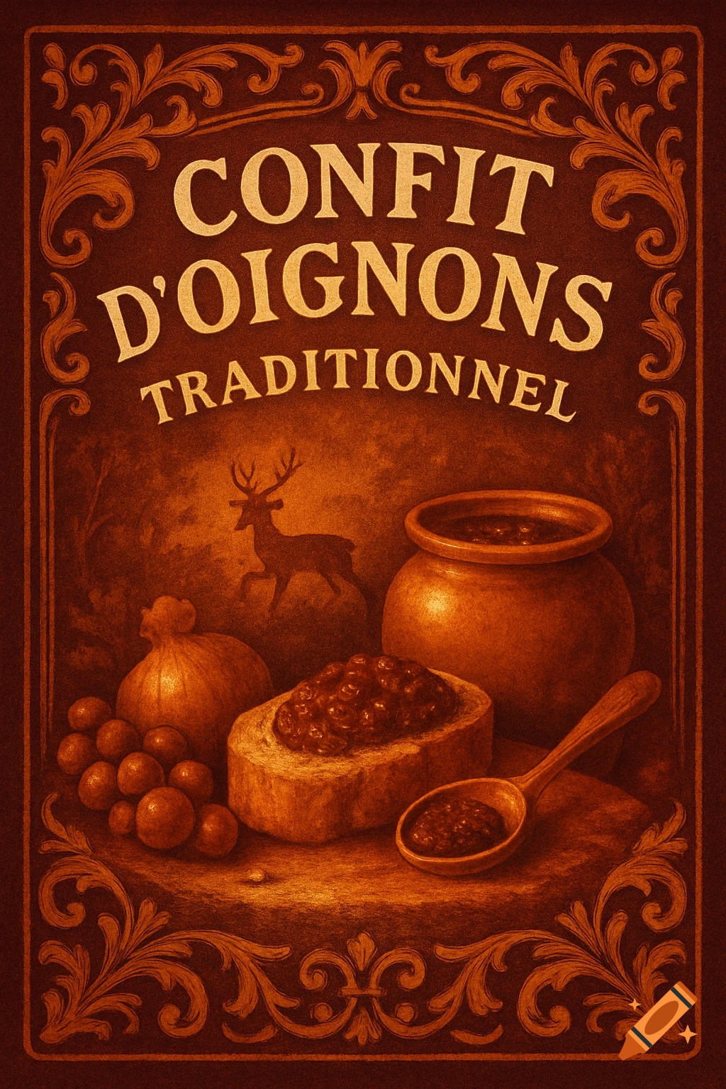 Vintage style label for 'Confit d'Oignons Traditionnel' featuring a deer, onions, bread with confit, and a pot, all in warm brown tones.