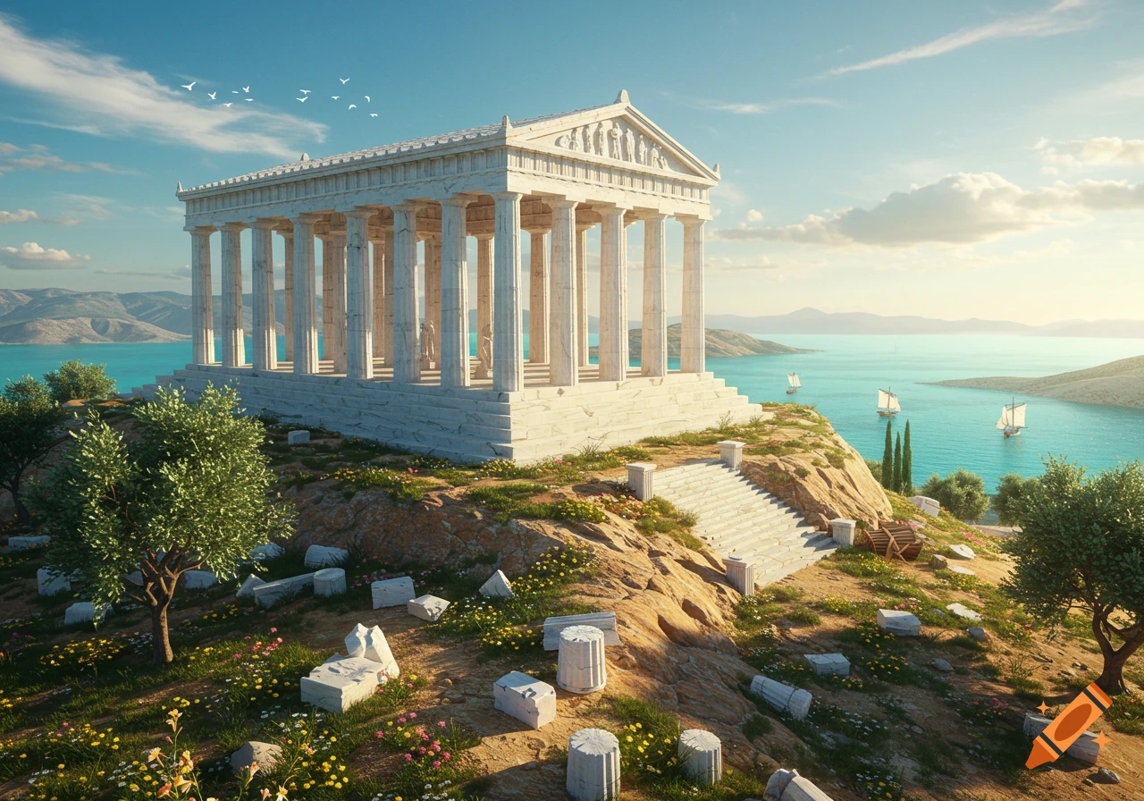 A majestic ancient Greek temple with columns stands on a rocky cliff overlooking a vibrant blue sea with sailboats under a clear sky.