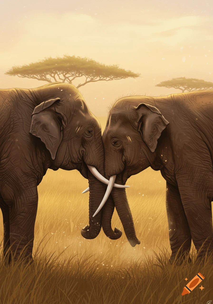 Two elephants intertwine their trunks and tusks in a golden savanna landscape with acacia trees. Digital painting.