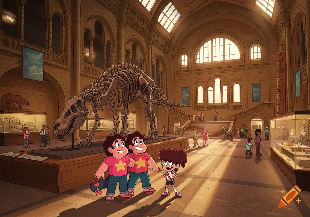Steven Universe, holding a skateboard, and Lynn Loud smile while exploring a grand natural history museum with a large dinosaur skeleton.