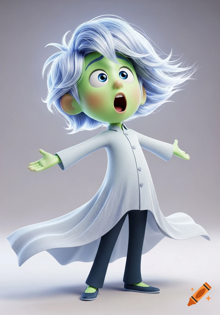 A surprised, green-skinned 3D cartoon boy with blue hair, wide blue eyes, and an open mouth, wearing a flowing white lab coat.