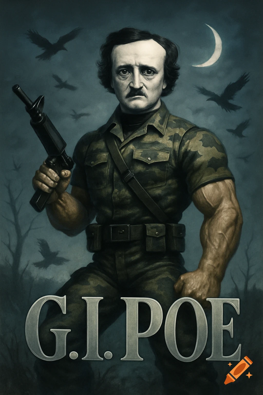 Stylized painting of Edgar Allan Poe as a muscular G.I. Joe soldier with a rifle, crows, and a crescent moon against a dark sky. Text reads G.I. POE.