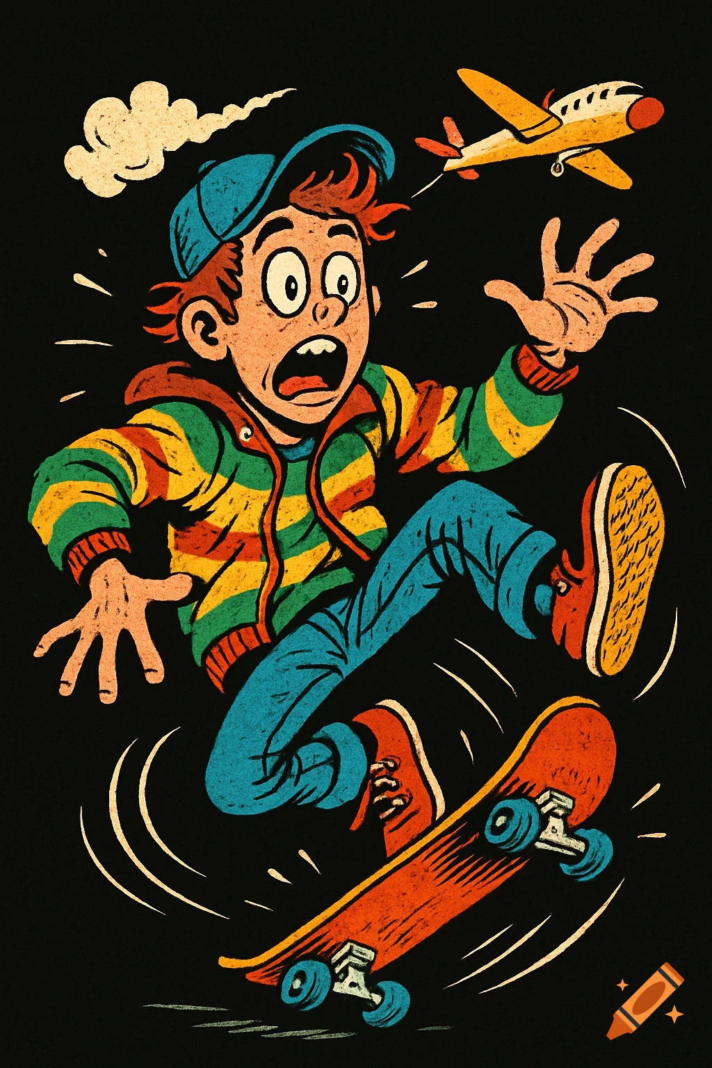 A surprised cartoon skater kid falls off his skateboard as a small plane flies overhead, against a black background.