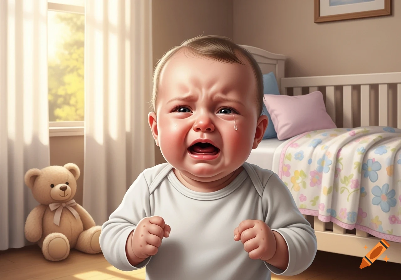 Photorealistic crying baby with tears in a sunny nursery, a teddy bear, and a crib in the background.