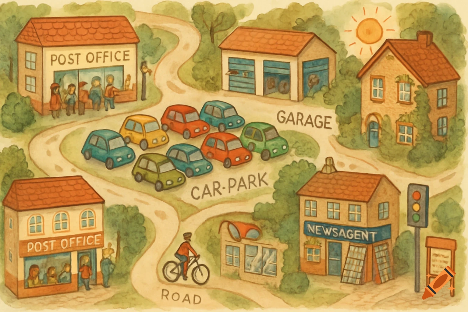 Watercolor map illustration of a neighborhood with a post office, car park, garage, newsagent, houses, and a cyclist on a road.