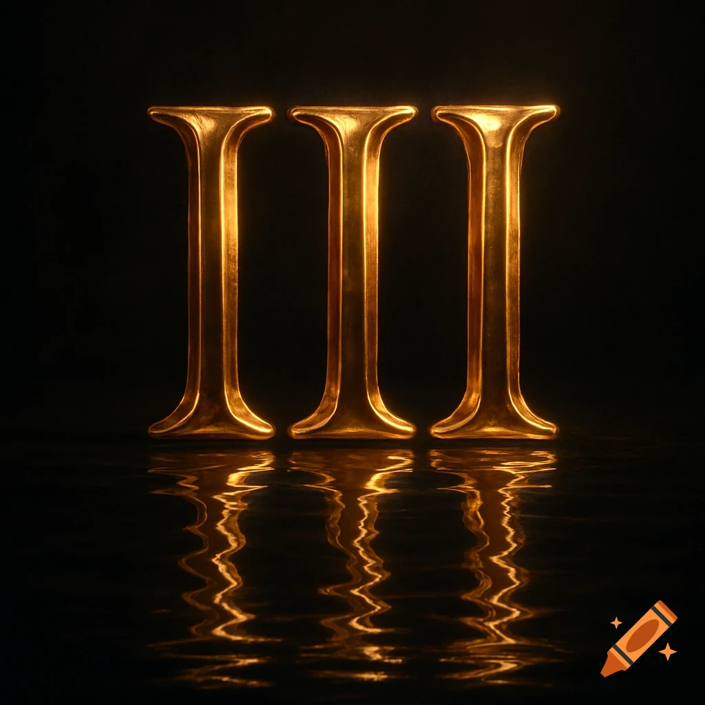 Three glowing golden Roman numeral I's ("III") reflected on a dark, wet surface.