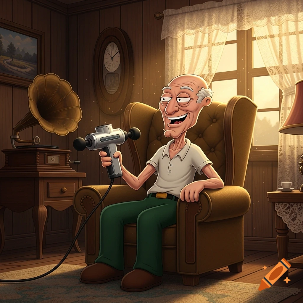 Herbert from Family Guy, an elderly man, laughs in an armchair holding a massage gun in a cozy, sunlit room.