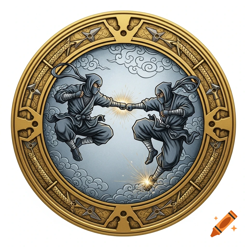 A gold circular medal features two ninjas mid-air, fists and feet colliding with glowing energy. Stylized illustration.