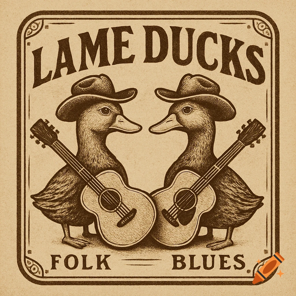 Vintage sepia illustration of two cowboy hat-wearing ducks holding guitars, with 'LAME DUCKS FOLK BLUES' text.