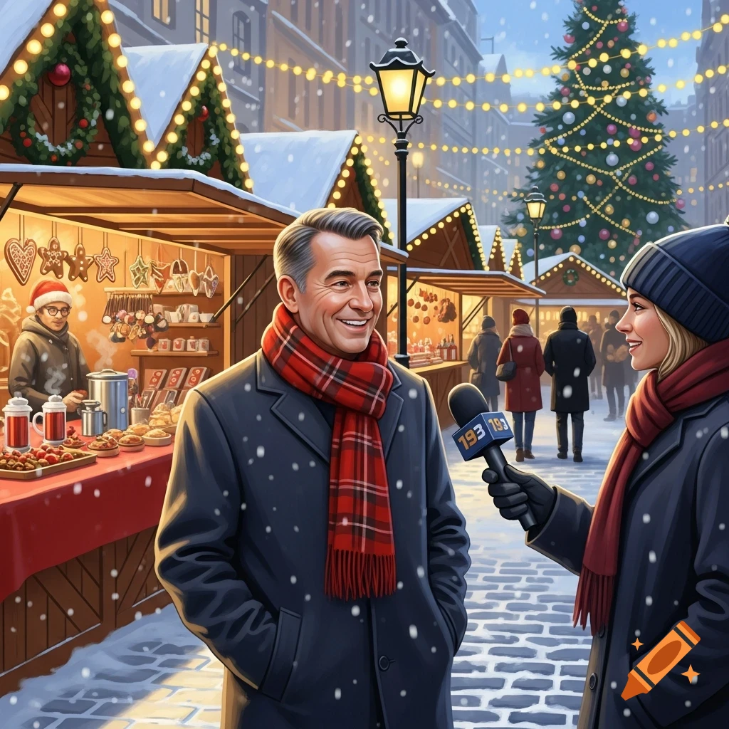 A man in a red plaid scarf and dark coat is interviewed by a reporter with a microphone at a snowy Christmas market with decorated stalls and a tree.