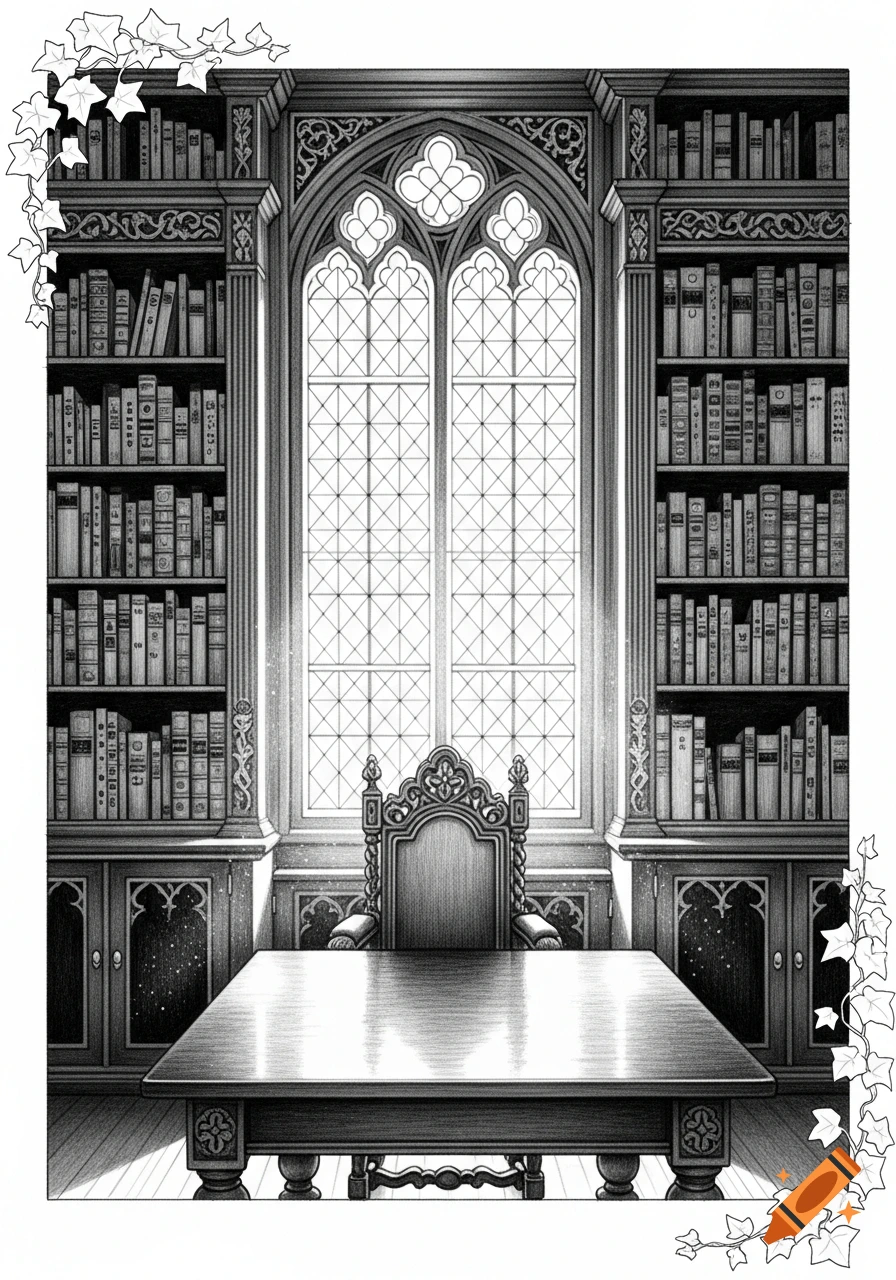 A detailed grayscale sketch of a grand library room with a large Gothic window, an ornate chair, a wooden desk, and full bookshelves.