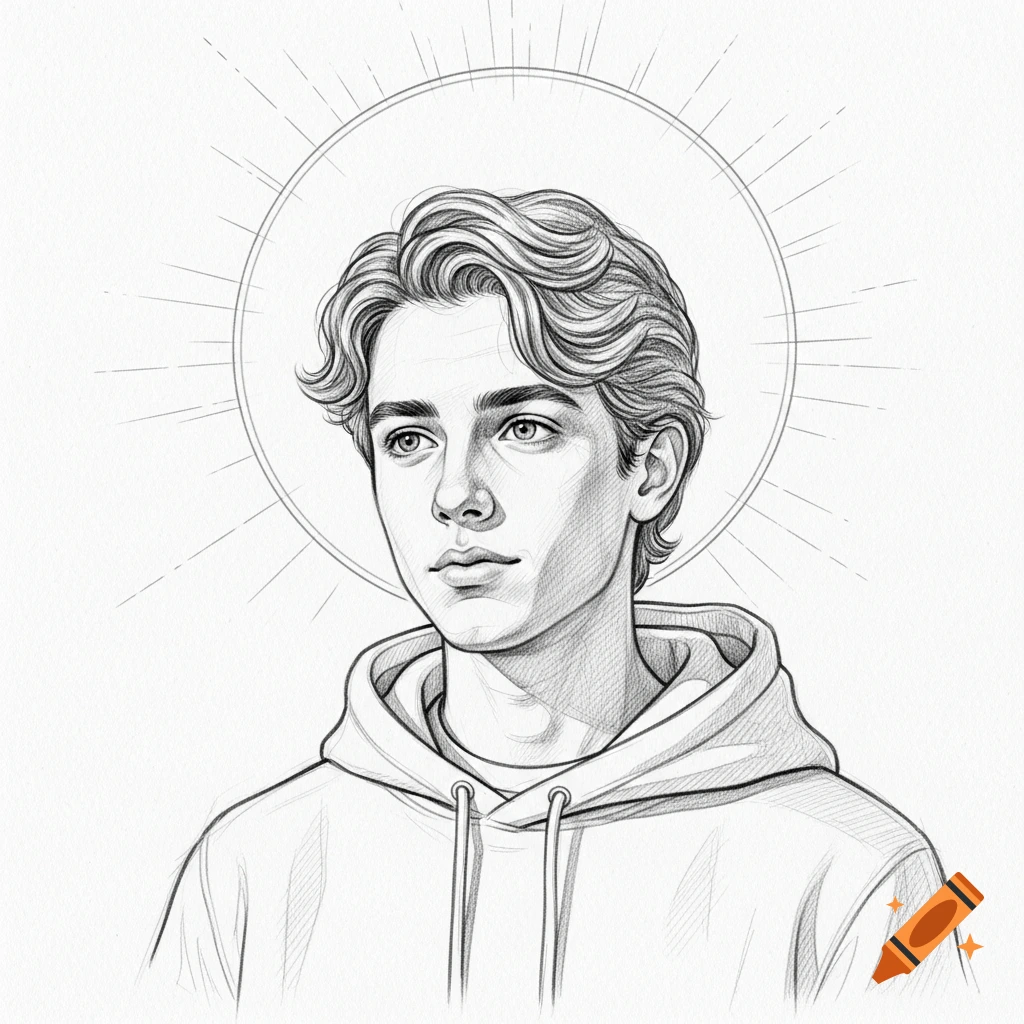 Pencil drawing of a young man with wavy hair, wearing a hoodie, with a halo and rays behind his head.