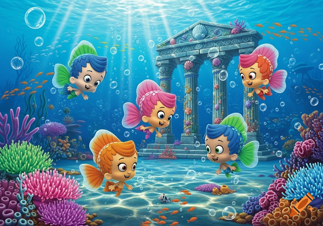 Colorful cartoon fish-human characters (Bubble Guppies) swimming happily in a vibrant underwater scene with coral reefs and ancient ruins.