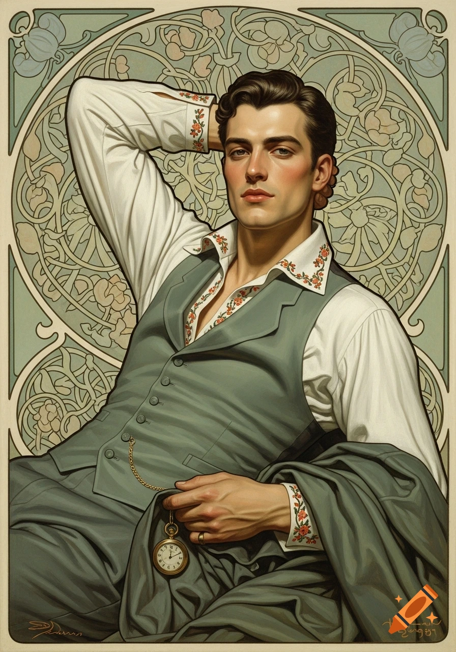 Art Nouveau painting of a man in a green waistcoat and white floral-embroidered shirt, lounging with a pocket watch.