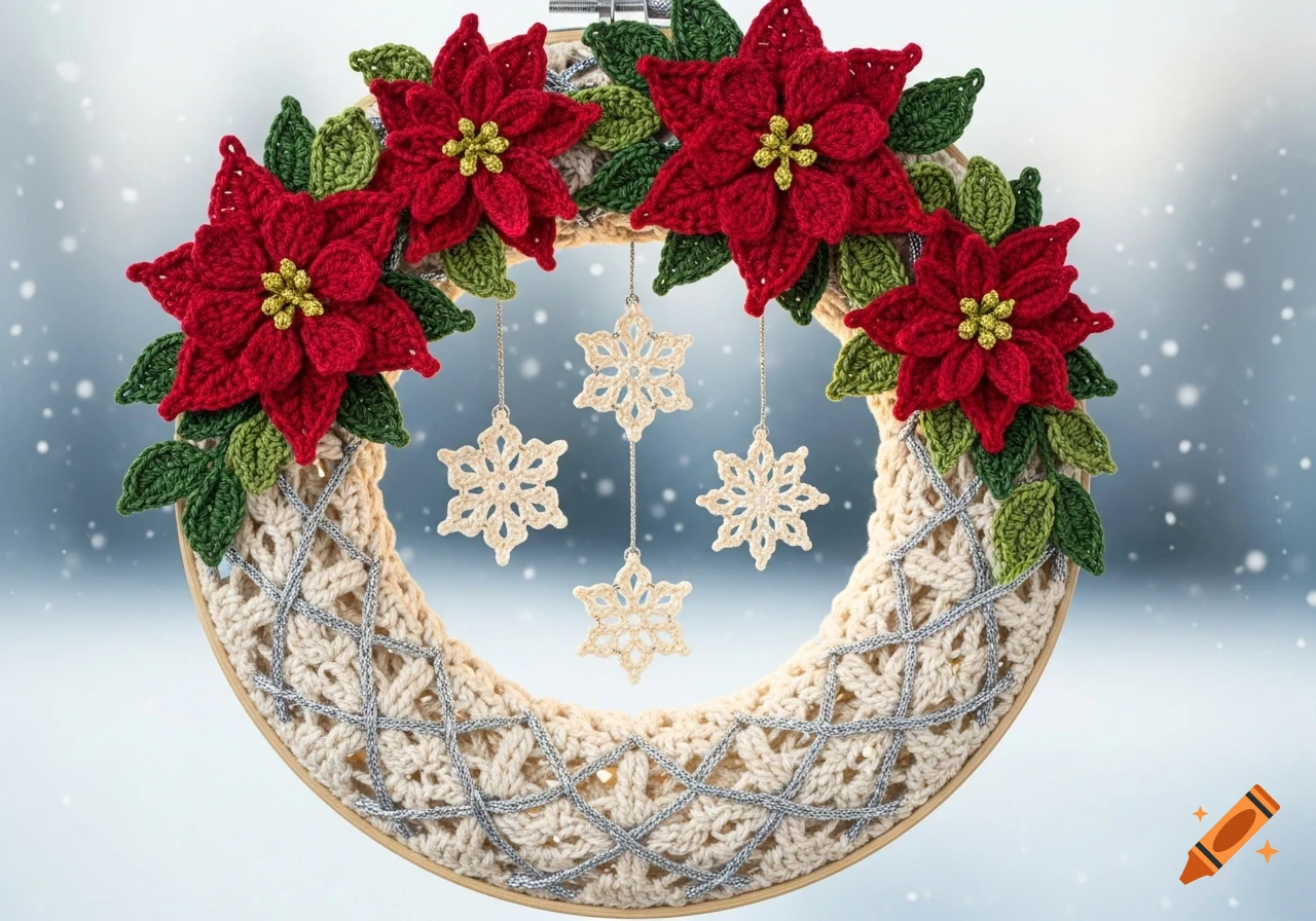 A festive crochet wreath featuring red poinsettias, green leaves, and white snowflake ornaments on a snowy background.