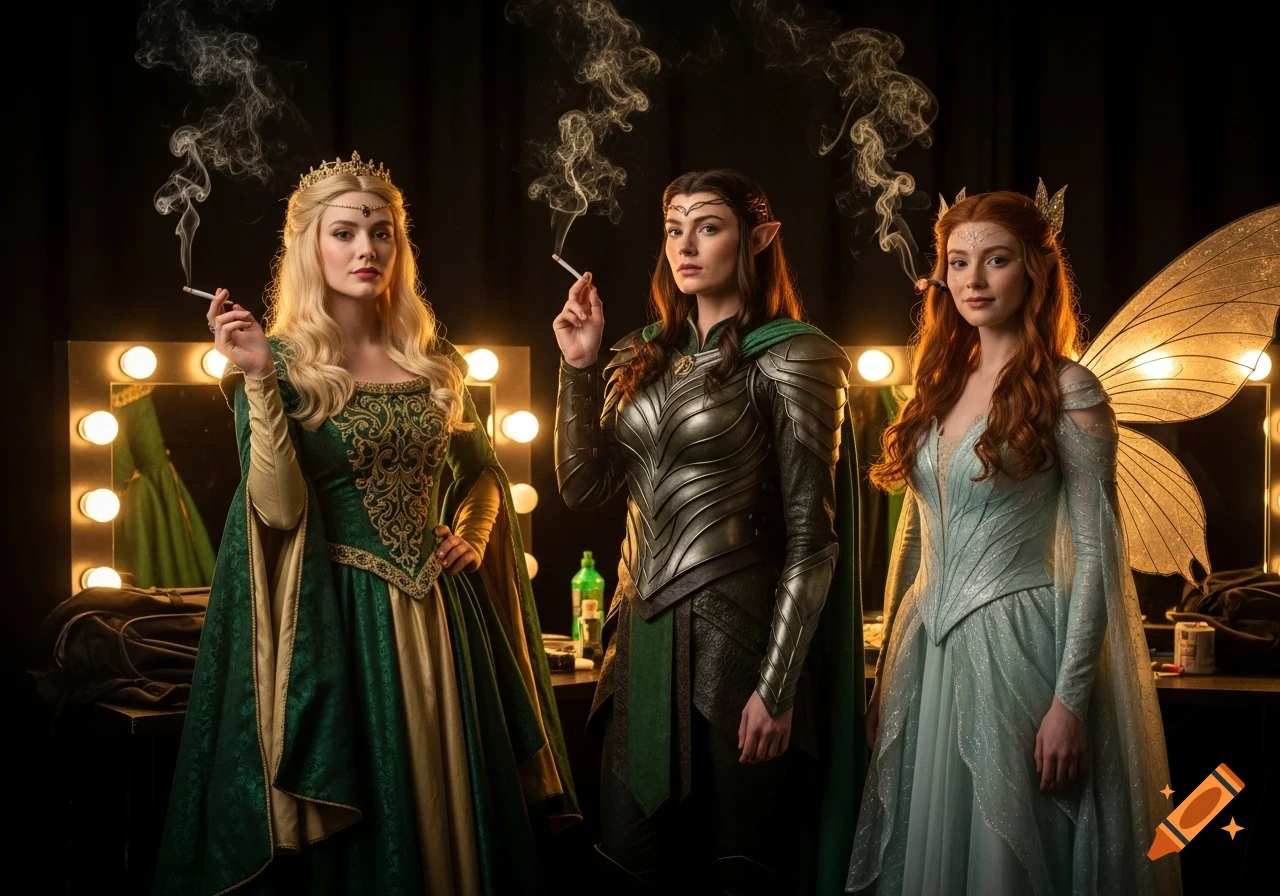 Three women dressed as a princess, an elf warrior, and a fairy backstage, smoking cigarettes.
