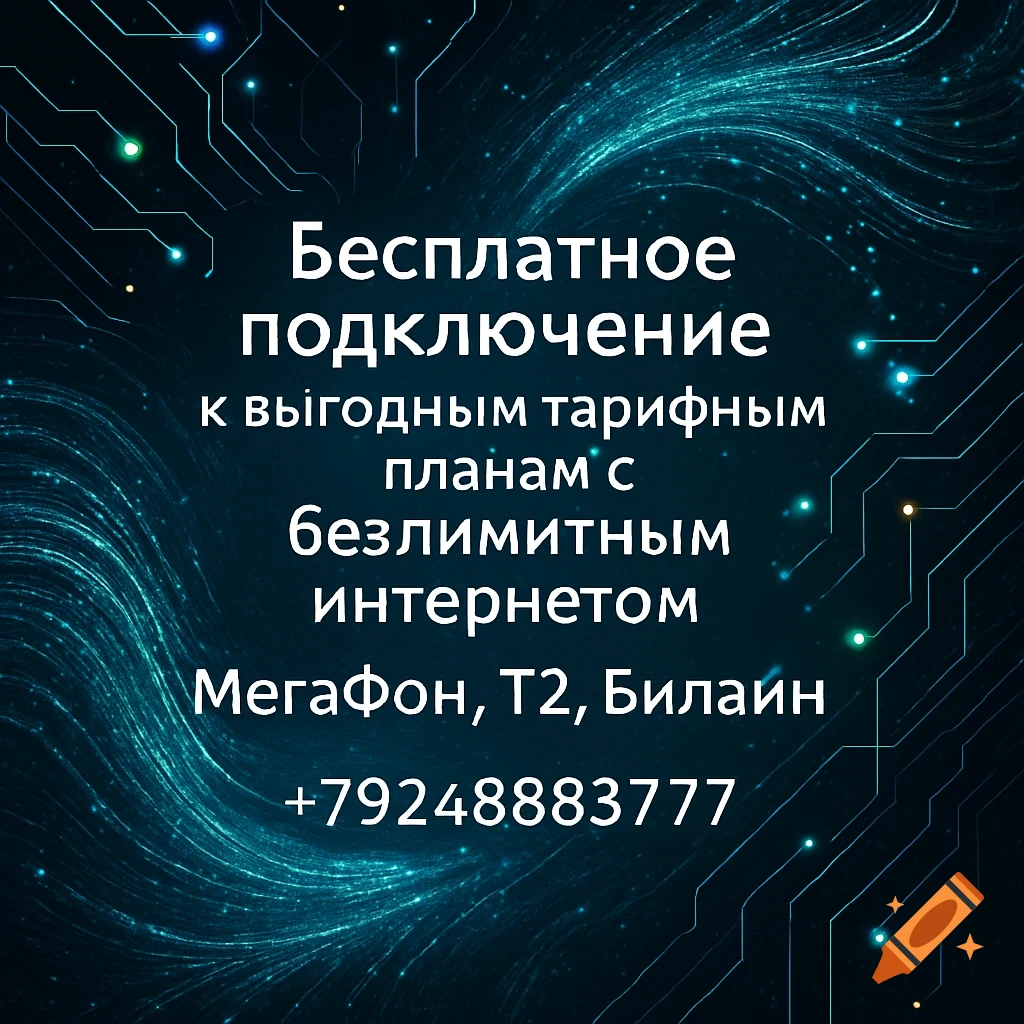 White text on a digital circuit board background advertising unlimited internet plans from mobile providers, with a phone number.