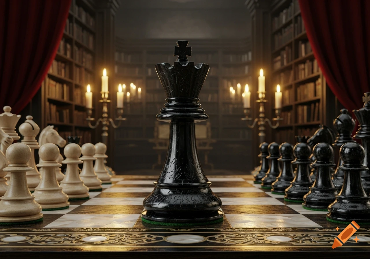 Close-up of a black King chess piece on a board, with white pawns, in a grand candlelit library.