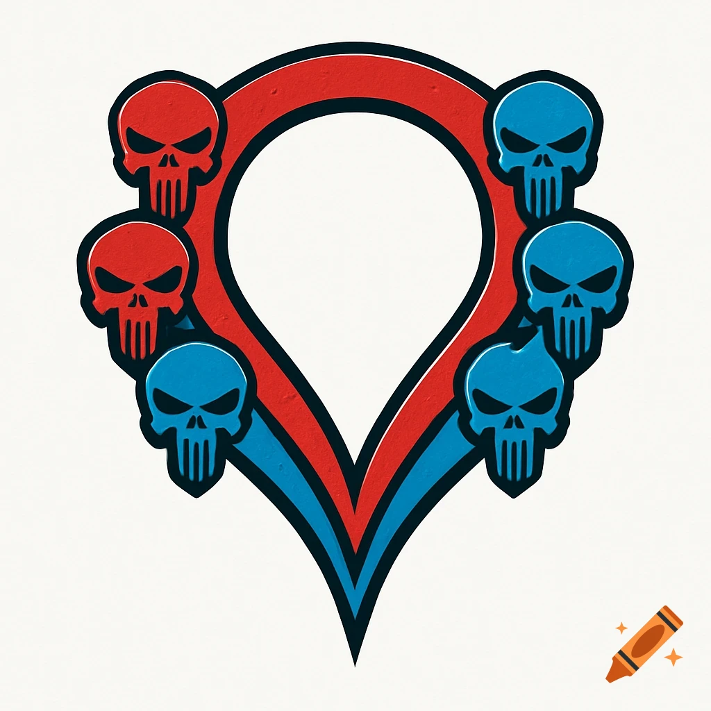 Stylized logo shaped like a location pin, outlined in red and blue, surrounded by red and blue Punisher-style skulls.