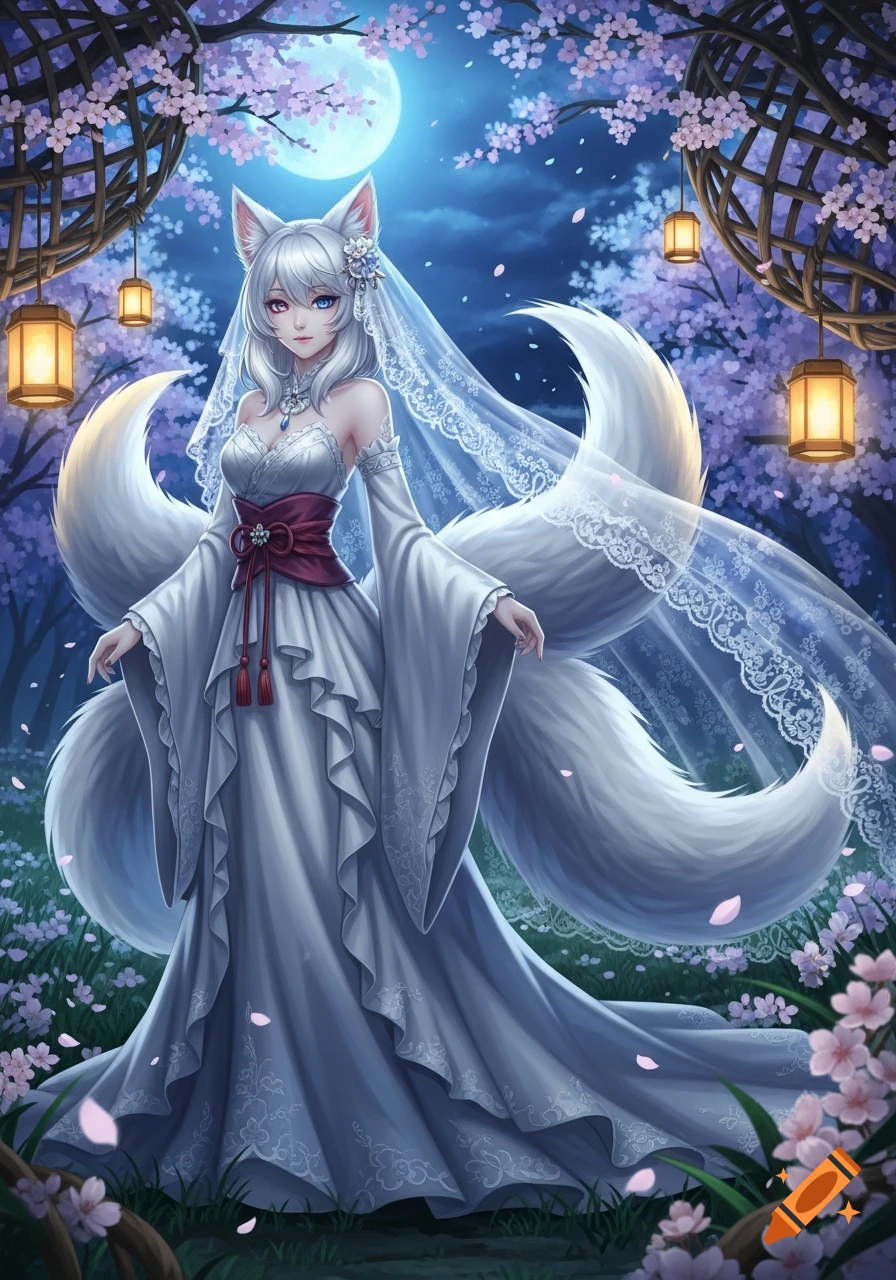 Anime kitsune girl in a white wedding dress and veil stands under a full moon amidst pink cherry blossoms and glowing lanterns at night.