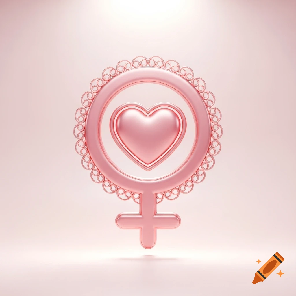A glossy pink female gender symbol with a heart inside, on a light pink background.