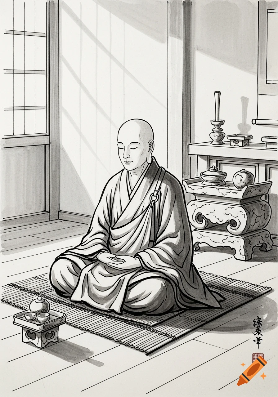 Sumi ink drawing of a bald Chan Buddhist monk meditating in a room, with ceremonial objects and natural light.