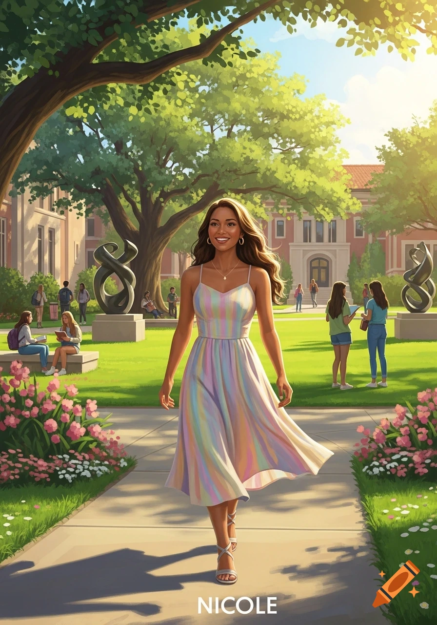 A smiling woman named Nicole in a pastel striped dress walks on a sunny university campus path, with students and buildings in the background.