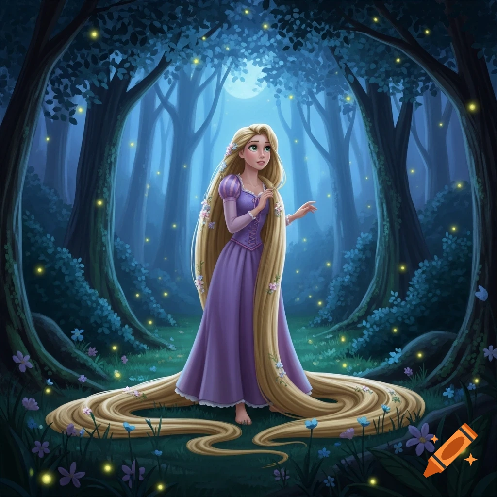 Illustrated young woman with long blonde hair in a purple dress stands in a magical moonlit forest with glowing fireflies.