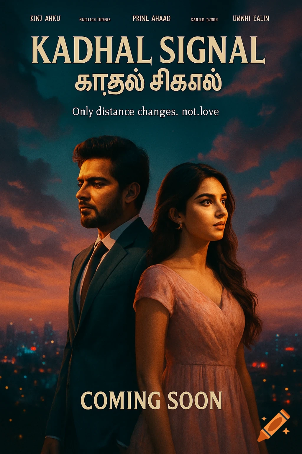 Cinematic movie poster for "Kadhal Signal" featuring a man in a suit and a woman in a pink dress, looking in opposite directions against a dramatic sunset cityscape.