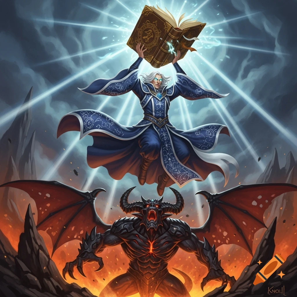 A wizard floats above a roaring demon, holding a glowing magical book, set against a stormy sky and fiery landscape.