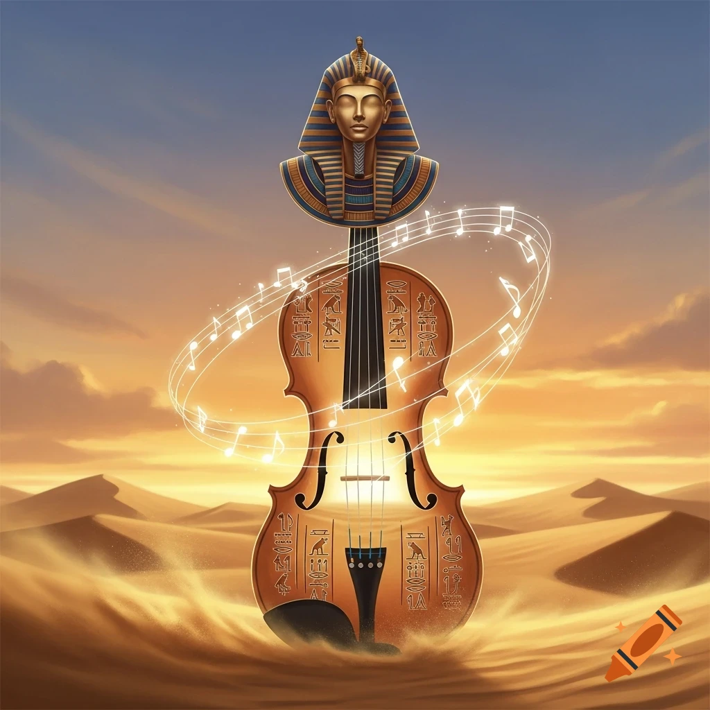 A surreal image of an ornate violin with a golden pharaoh's head, emanating musical notes in a desert landscape at sunset.